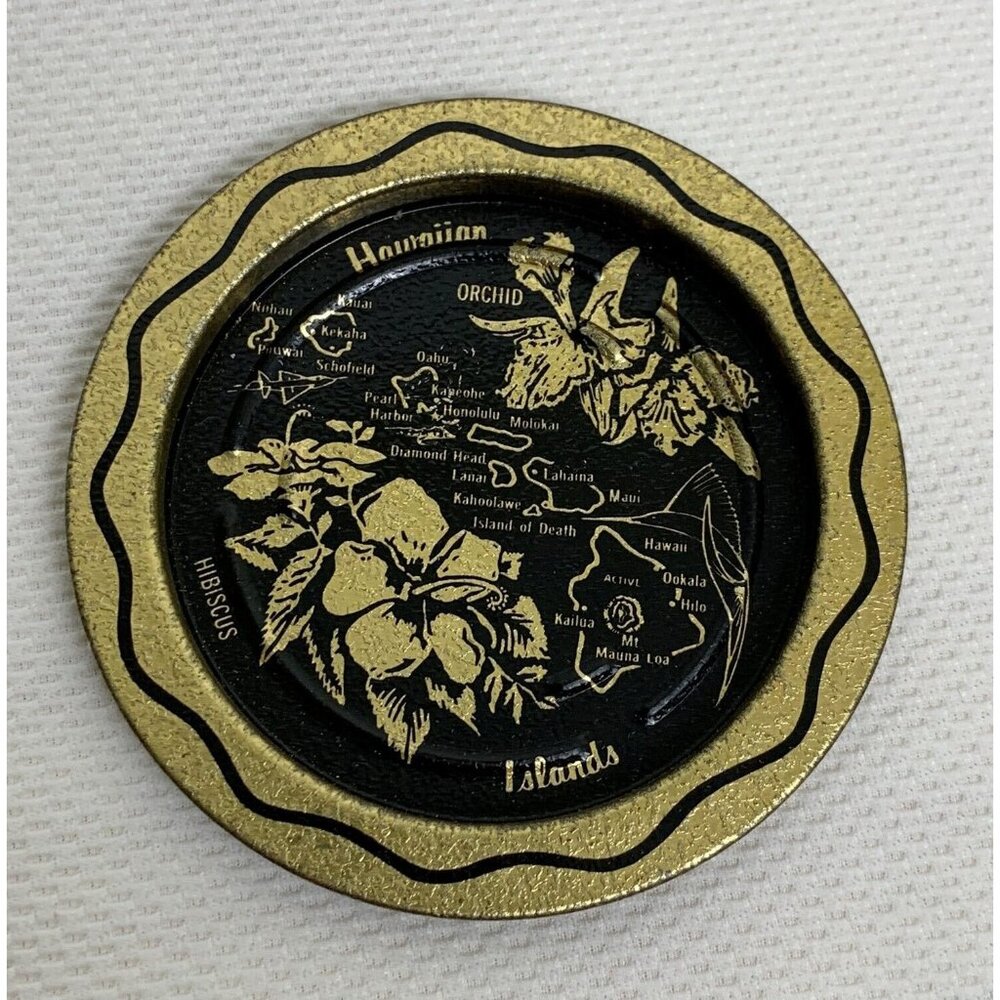 Vintage Hawaiian Islands Souvenir Coaster Set Of 5 Black Gold Steel Map Hibuscus